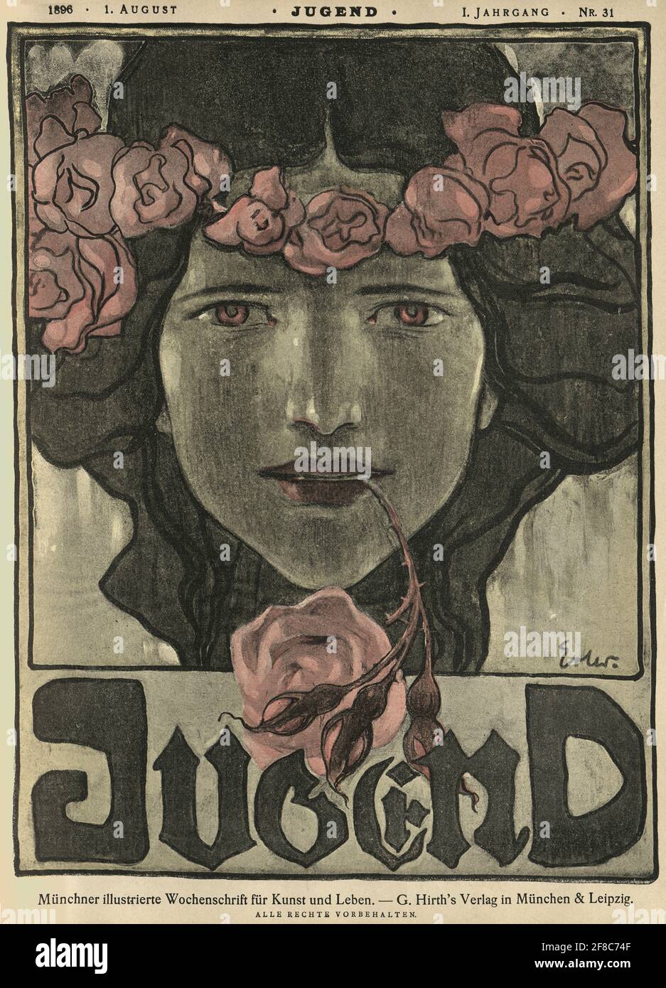 Illustration vintage de la couverture du magazine d'art allemand Jugend, 1896, femme tenant rose dans sa bouche Banque D'Images