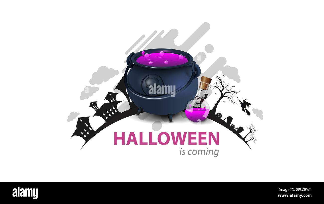 Halloween arrive, carte de voeux blanche avec chou-fleur de sorcière avec potion. Le logo avec la silhouette de la terre avec Halloween nuit Banque D'Images