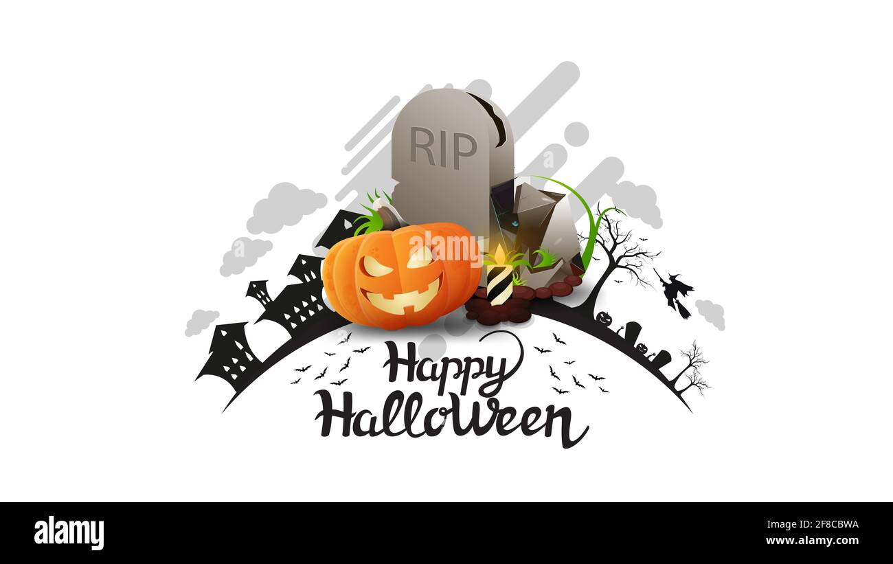 Joyeux Halloween, carte de vœux blanche avec pierre tombale et citrouille Jack. Le logo avec la silhouette de la terre avec Halloween nuit Banque D'Images