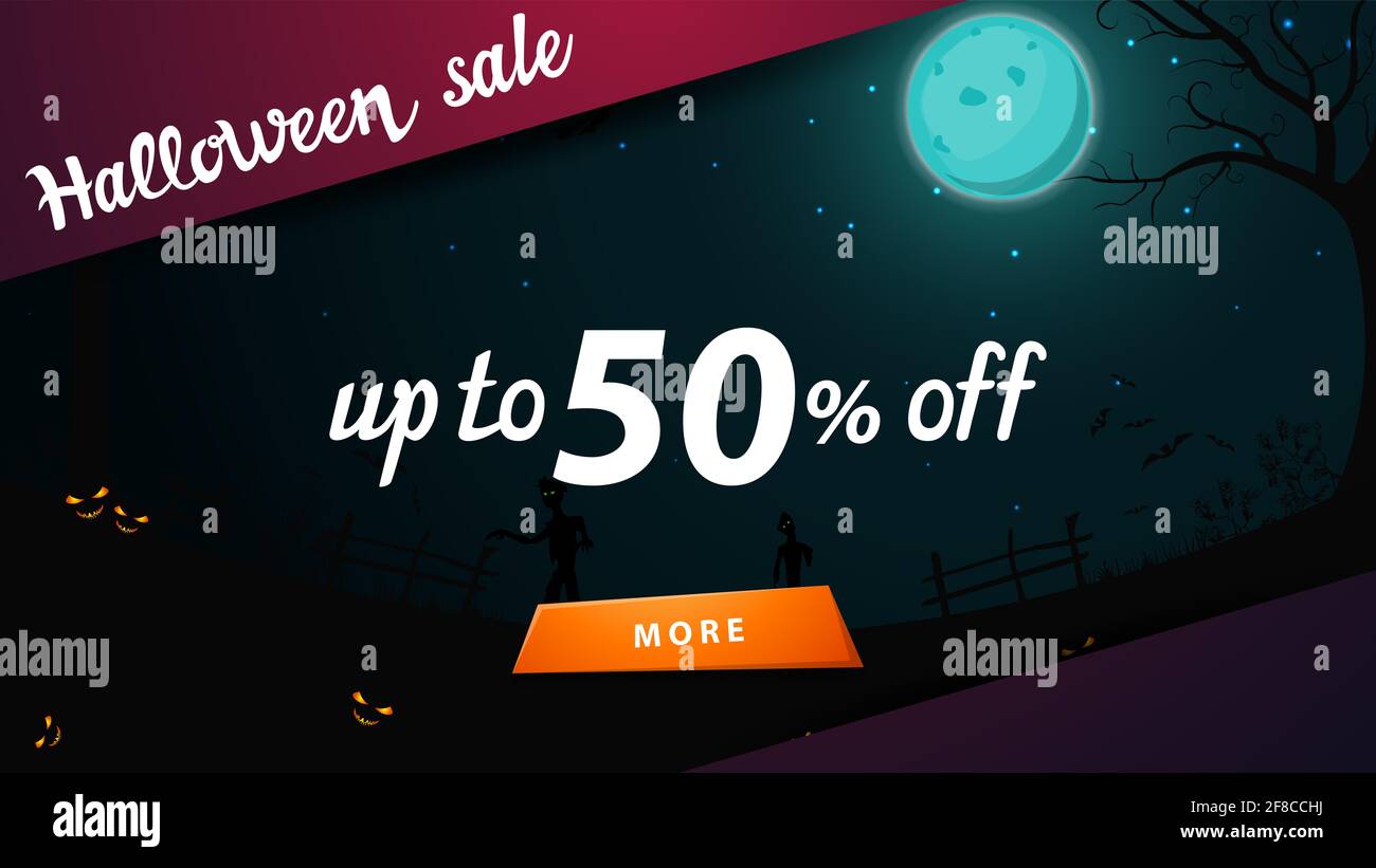 Solde d'Halloween, jusqu'à 50 % de rabais, bannière de réduction avec paysage d'halloween en arrière-plan. Bannière Web de remise avec bouton Banque D'Images