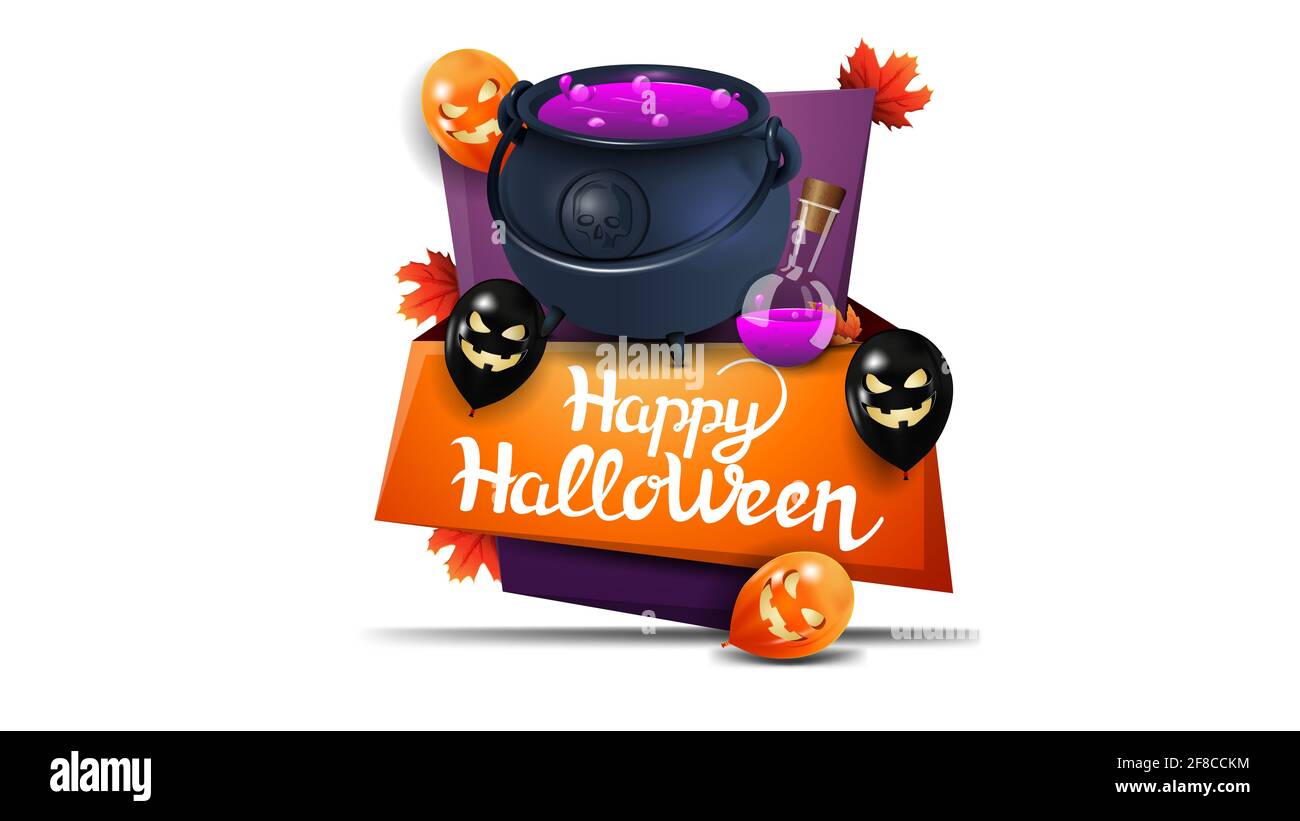 Joyeux Halloween, carte de vœux verticale de style caricature avec ballons d'Halloween et chou-fleur de sorcière avec potion Banque D'Images