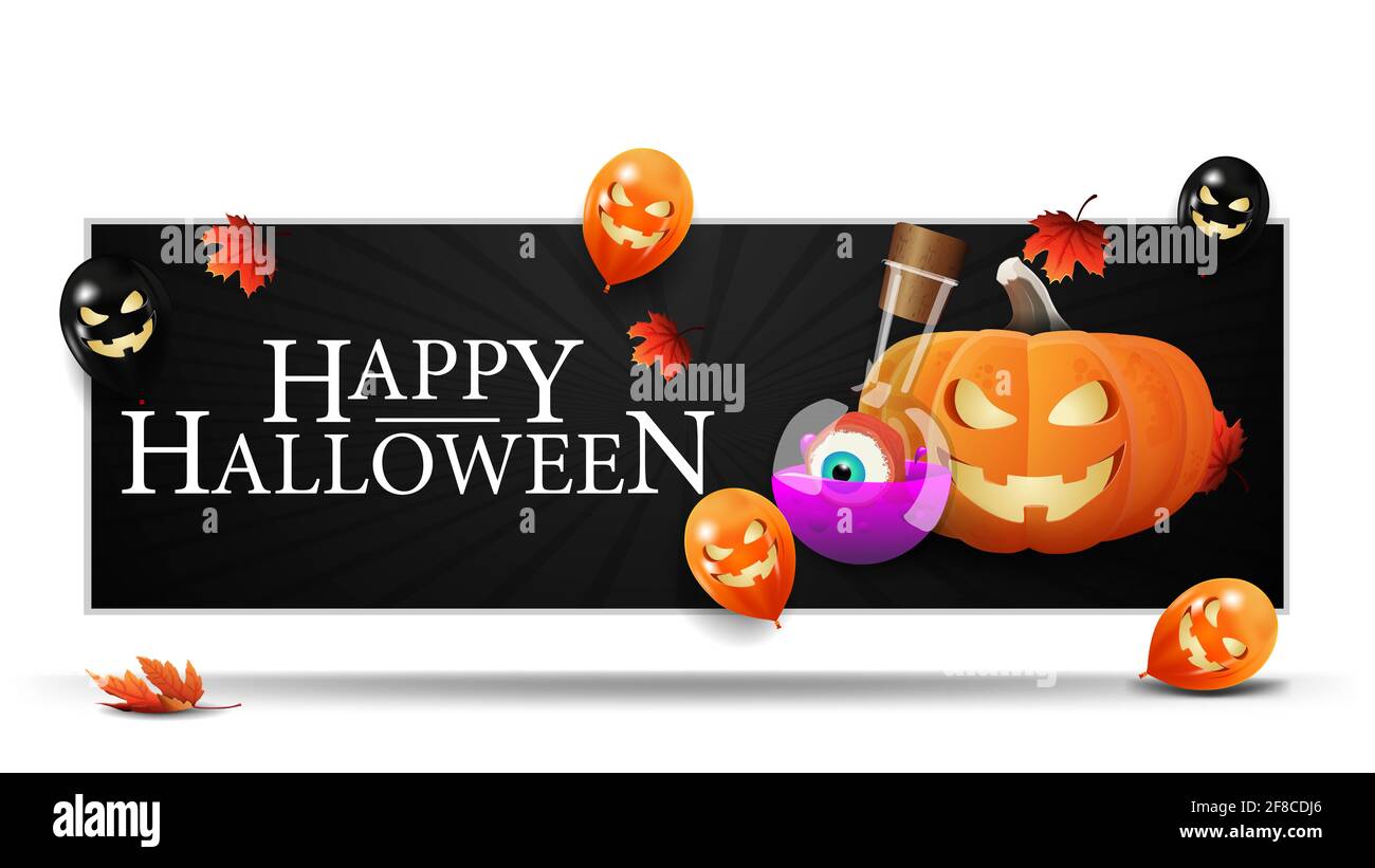 Joyeux Halloween, carte de vœux noire horizontale avec ballons d'Halloween, citrouille Jack et potion de sorcière Banque D'Images