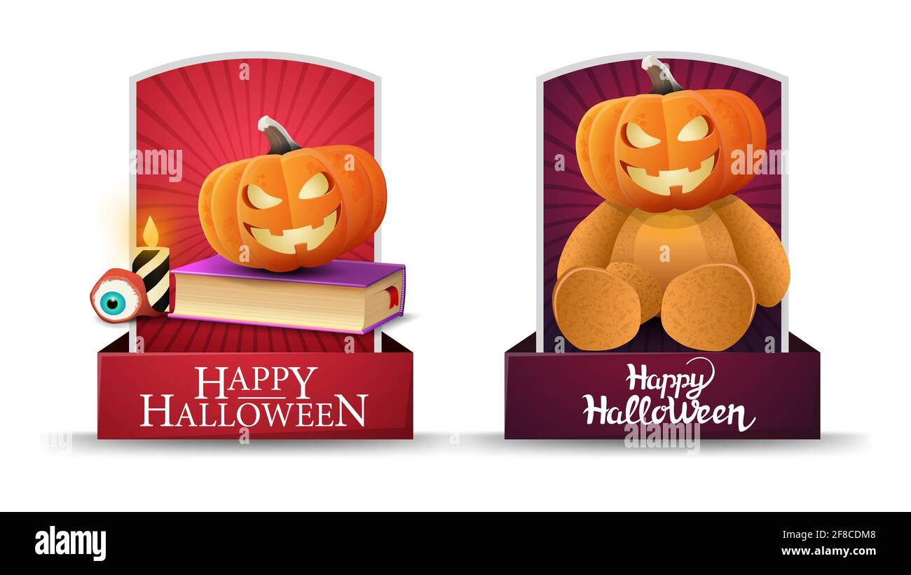Joyeux Halloween, deux cartes de voeux verticales avec ours en peluche avec tête de citrouille Jack, livre de sorts et citrouille Jack. Cartes de vœux rouges et violettes Banque D'Images