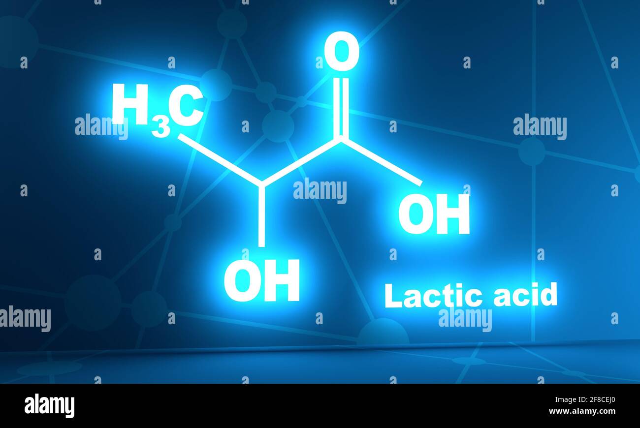 Molécule d'acide lactique. Formule chimique structurelle. Illustration infographique. Rendu 3D. Brillance des néons Banque D'Images