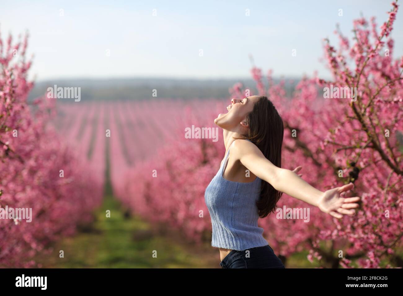 Portrait de vue latérale d'une femme excitée criant dans un des bras qui s'étirent sur le terrain célèbrent les vacances au printemps Banque D'Images