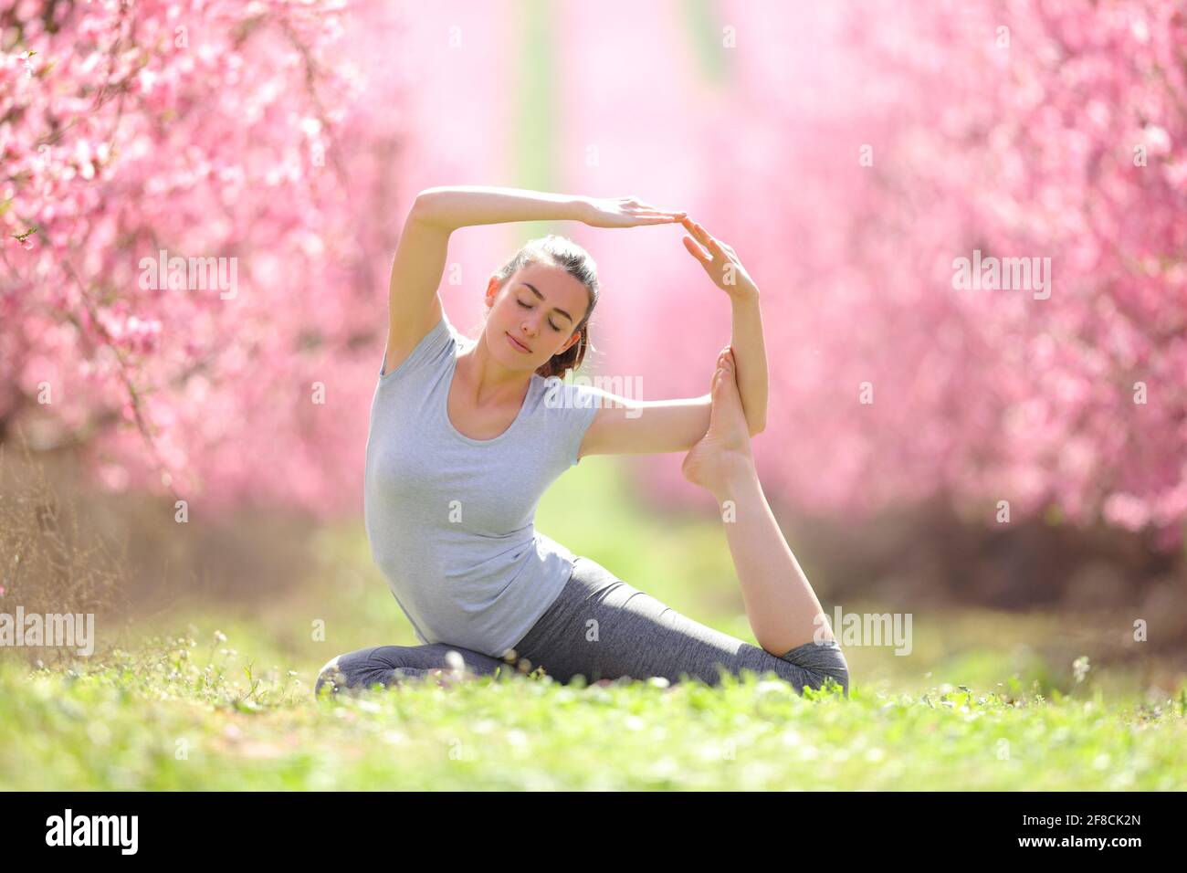 Vue de face d'un exercice de yoga yogi pratiqué dans un champ à fleurs roses Banque D'Images