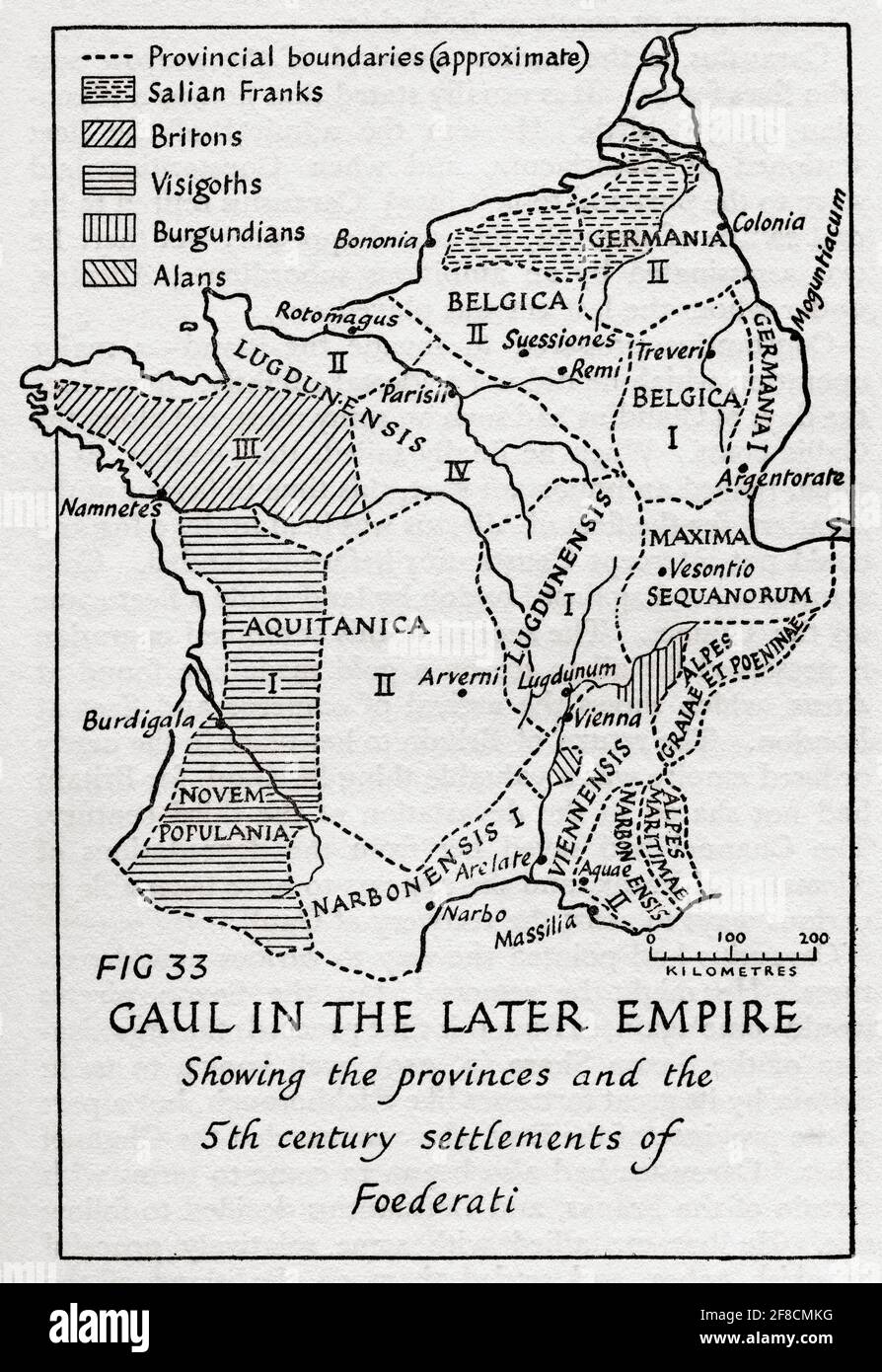Carte de Gaule dans l'empire ultérieur, montrant les provinces et les colonies du 5ème siècle de Foedarati. Après une illustration par Edgar Holloway. Banque D'Images