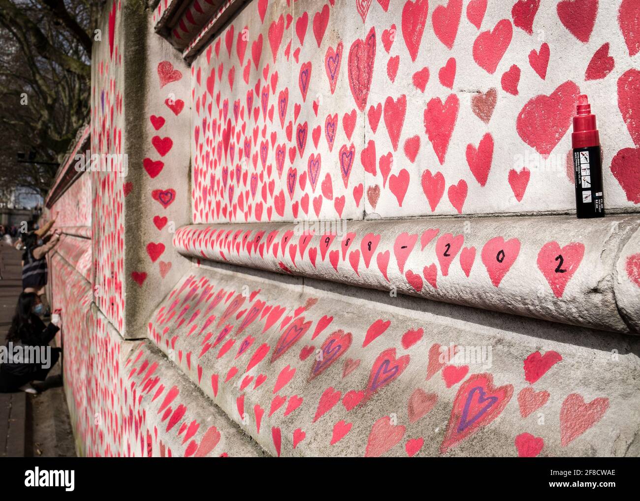 Mur national du Covid, 150,000 coeurs peints sur le mur en face des chambres du Parlement comme un mémorial pour ceux qui sont morts du coronavirus Banque D'Images