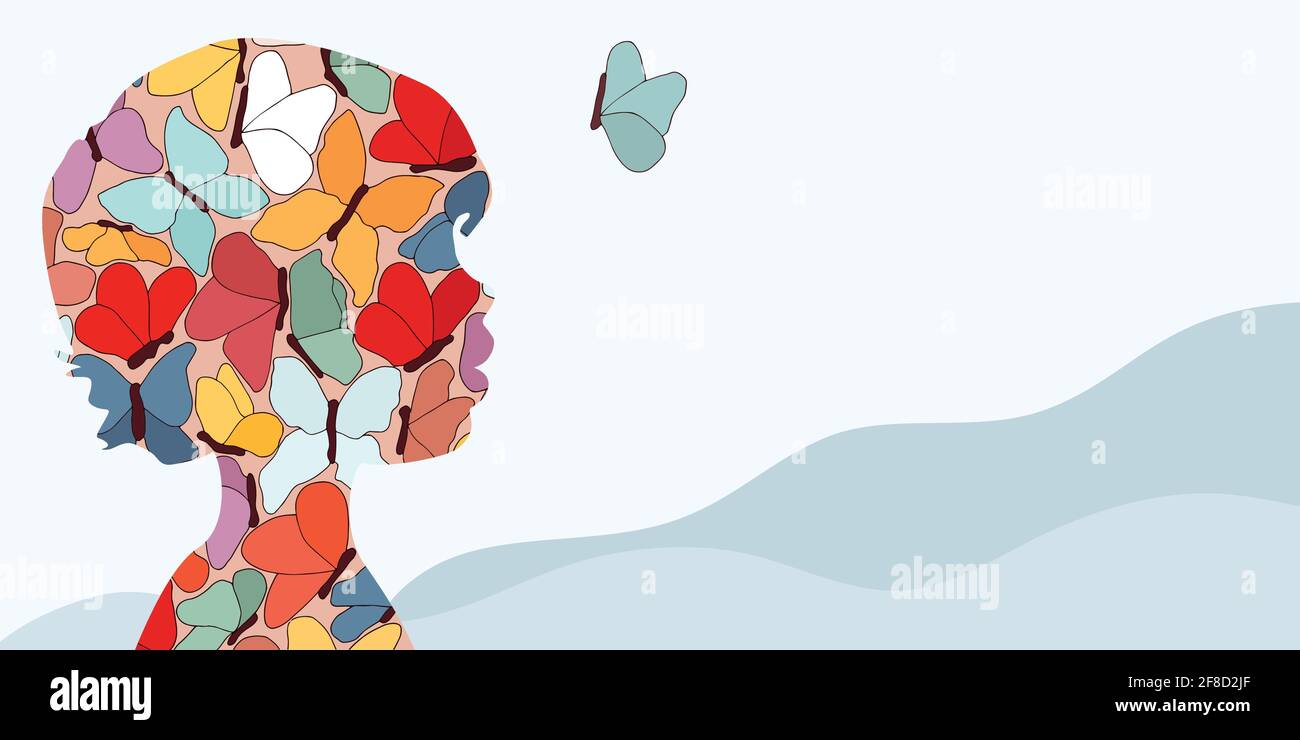 Concept du syndrome d'autisme. Puzzle de papillons qui forme la tête d'un enfant dans le profil. Soutien à l'apprentissage et éducation. Maladie neurologique. Ça Illustration de Vecteur