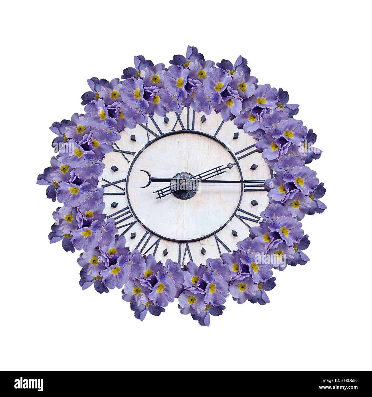 Vieux cadran d'horloge vintage isolé sur fond blanc. Bleu avec le milieu jaune fleurs printanières en forme de cadre rond. Style rétro. Banque D'Images