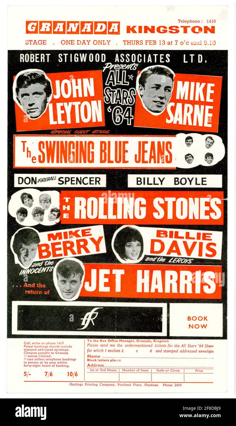 Affiche de musique vintage pour un concert de 1964 avec le Galets de roulement comme groupe de support Banque D'Images