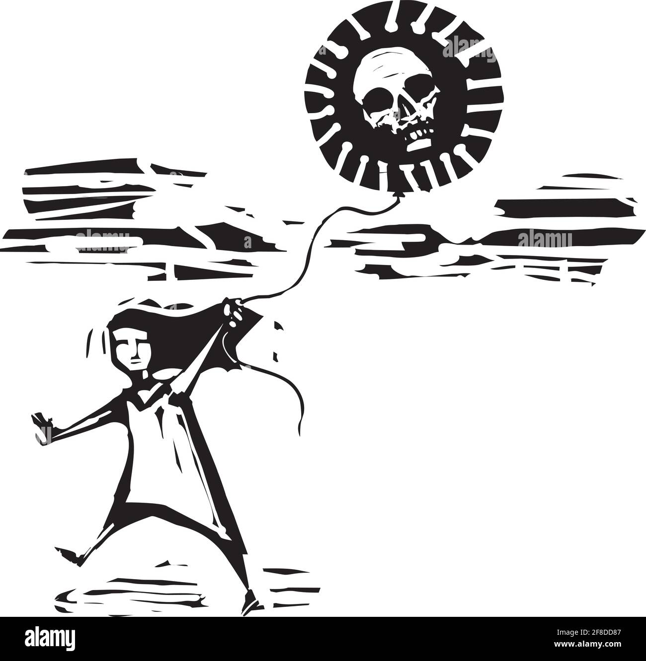 Image de style expressionniste de coupe de bois d'une fille qui court avec du covid ballon de virus avec un crâne à l'intérieur Illustration de Vecteur