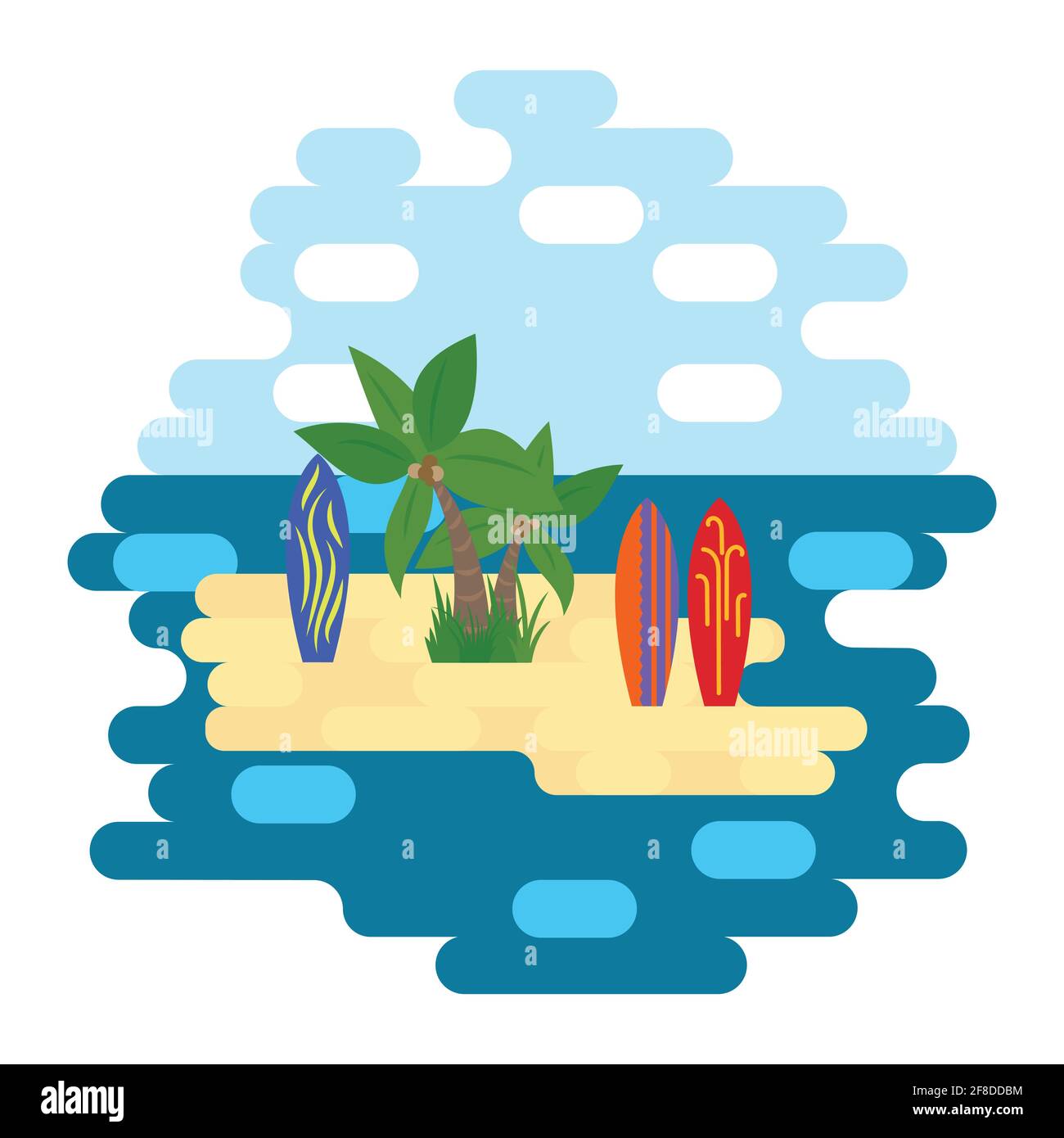 Île tropicale dans l'océan entourée de la mer, avec des palmiers et des planches de surf. Style plat. Illustration vectorielle. Illustration de Vecteur