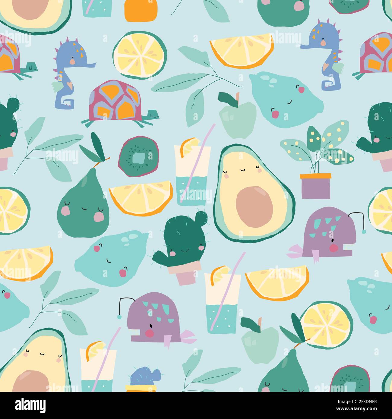 Motif sans couture avec des fruits et des plantes en dessin animé sur fond bleu Illustration de Vecteur