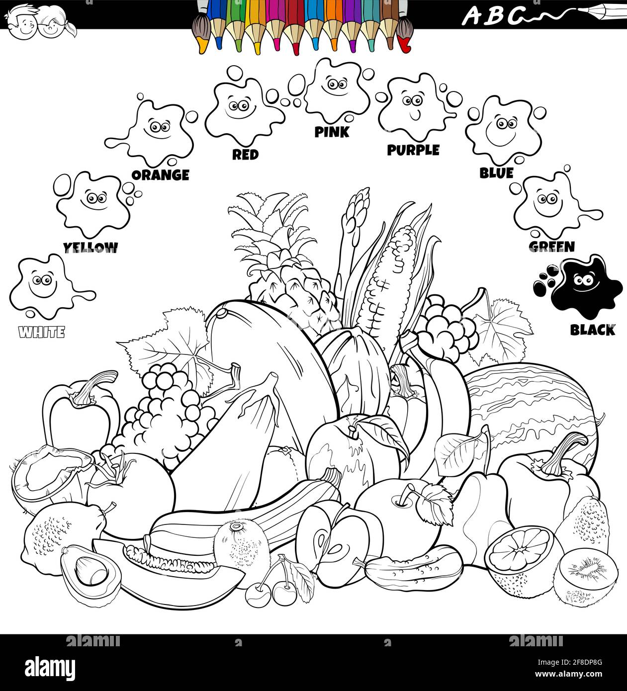Illustration de dessin animé éducatif noir et blanc de couleurs de base pour les enfants avec des légumes et des fruits livre de coloriage de groupe d'objets alimentaires page Illustration de Vecteur