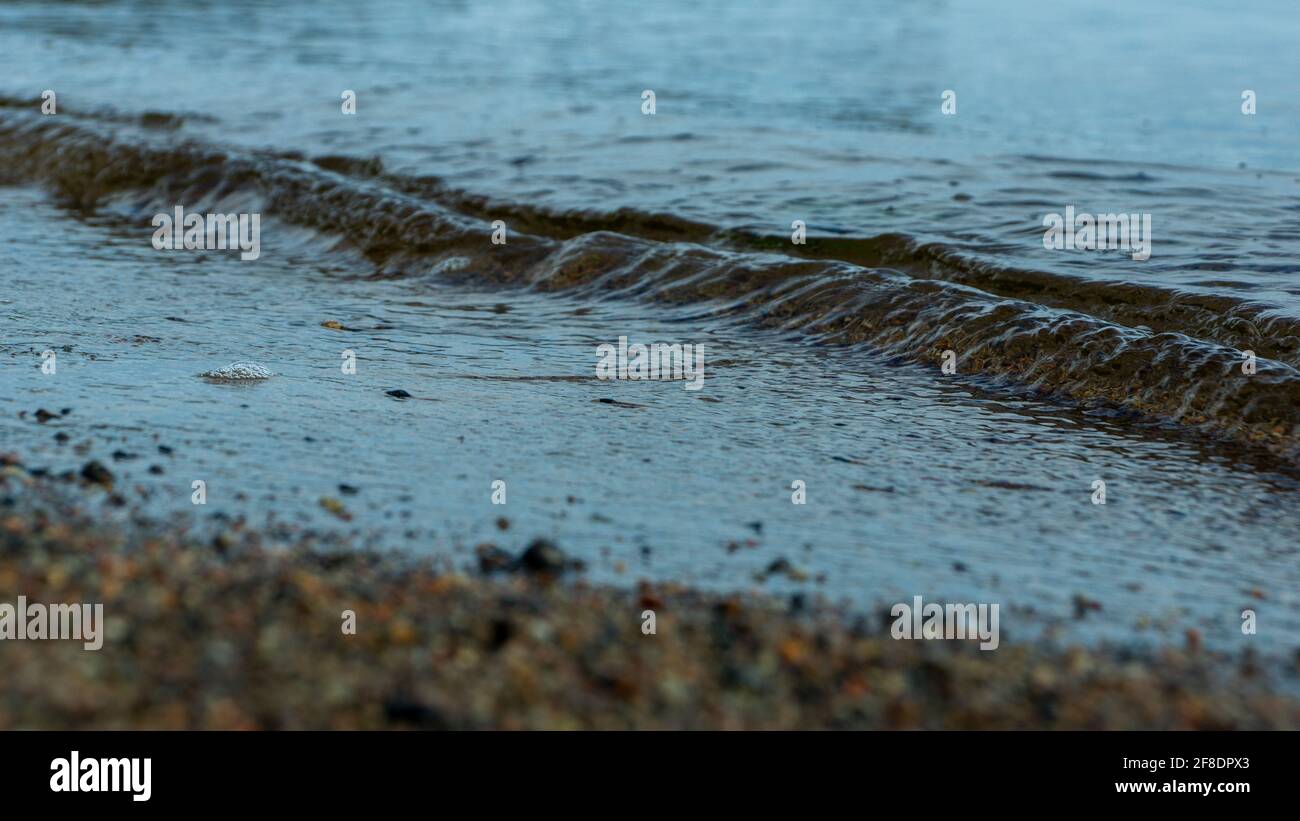Côte. Bleu eau de mer, surf. Petites vagues. Galets marins humides en gros plan. Prise dans une clé basse. Image d'arrière-plan. Faible profondeur de champ Banque D'Images