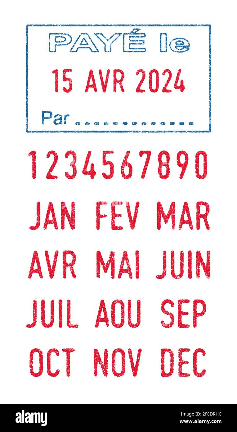 Illustration vectorielle du mot français Paye (payé) en tampon d'encre  bleue et dates modifiables en français (jour, mois et année) en tampons  d'encre rouge Image Vectorielle Stock - Alamy