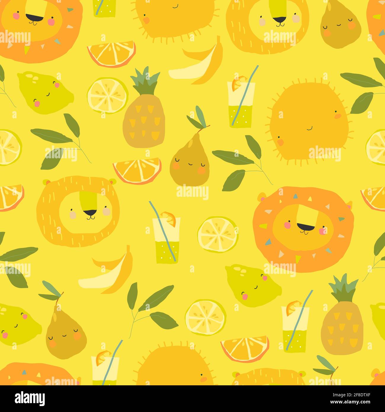 Motif sans couture avec des fruits, des animaux et des plantes sur fond jaune Illustration de Vecteur