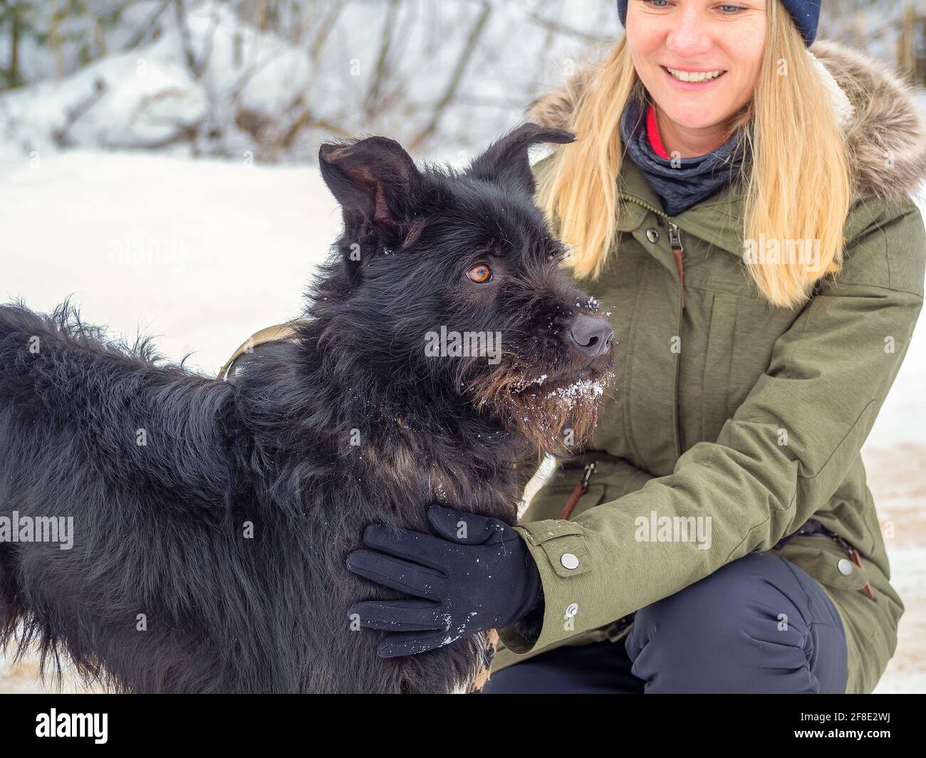 Jeune femme jouant avec drôle chien d'animal de compagnie noir avec la neige. Sur l'arrière-plan. Jouer avec la neige. Adorable chien appréciant son temps, l'hiver. Copier l'espace Banque D'Images