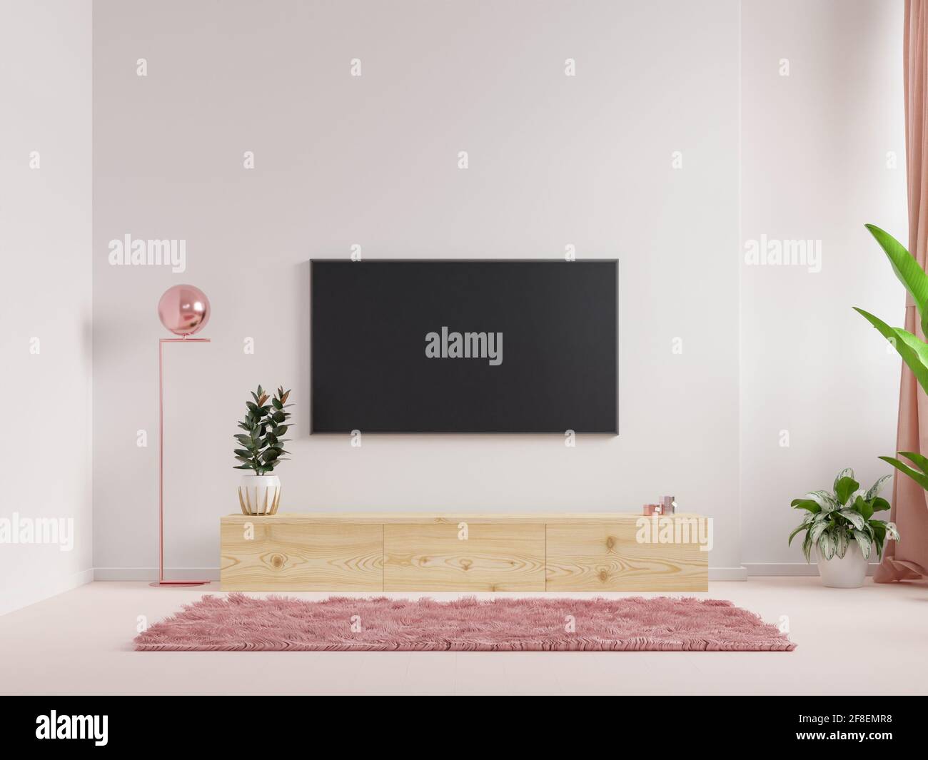 Montage mural d'une TV dans un salon avec une paroi blanche.rendu 3d Banque D'Images