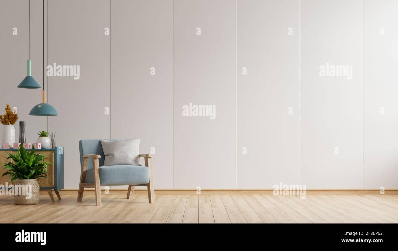 L'intérieur a un fauteuil bleu sur un mur blanc vide Arrière-plan,rendu 3D Banque D'Images