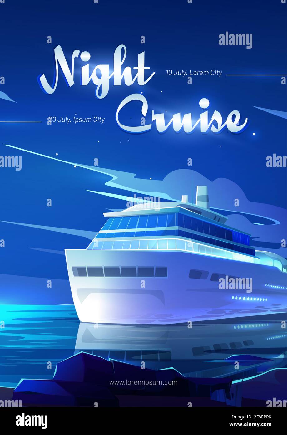 Croisière de nuit sur un paquebot de dessin animé Flyer, invitation à réserver un billet sur un voyage moderne en bateau dans l'océan, voyage maritime sur un voilier de luxe en terre tropicale, voyage sur un bateau à passagers Vector poster Illustration de Vecteur