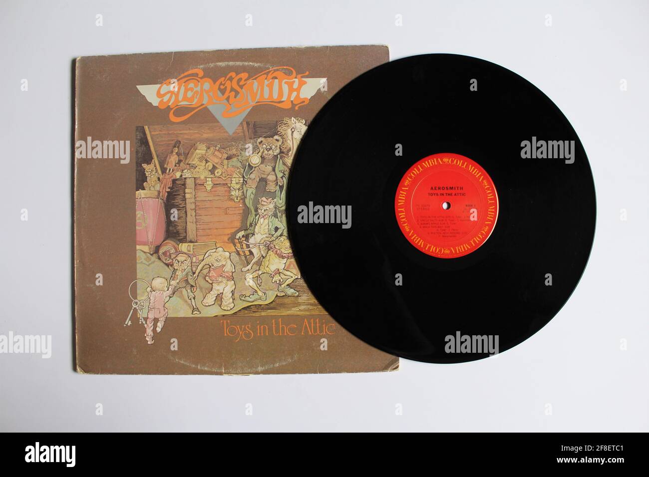 Groupe rock classique, Aerosmith, album de musique sur disque vinyle LP. Intitulé: Jouets dans la couverture de l'album Attic Banque D'Images