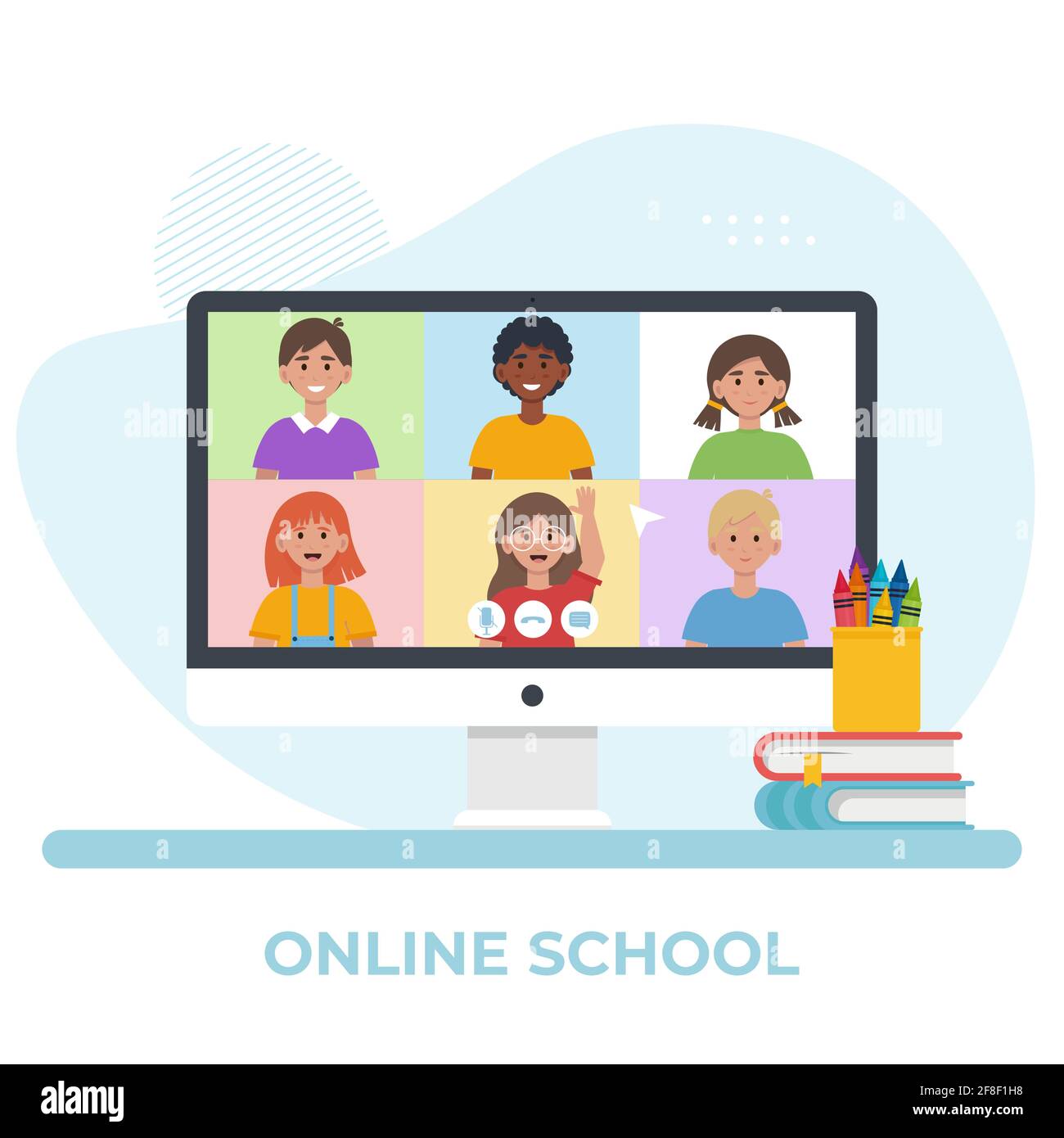 Écran de surveillance avec vidéo conférence avec les enfants de l'école. Concept de formation en ligne. Illustration vectorielle plate Illustration de Vecteur