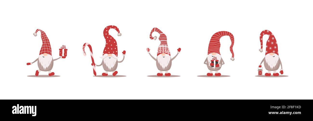 Jolis nains en chapeaux de père noël rouges sur fond blanc. Eloves de noël scandinaves. Illustration vectorielle de style dessin animé plat. Motif Nordic Element pour Illustration de Vecteur
