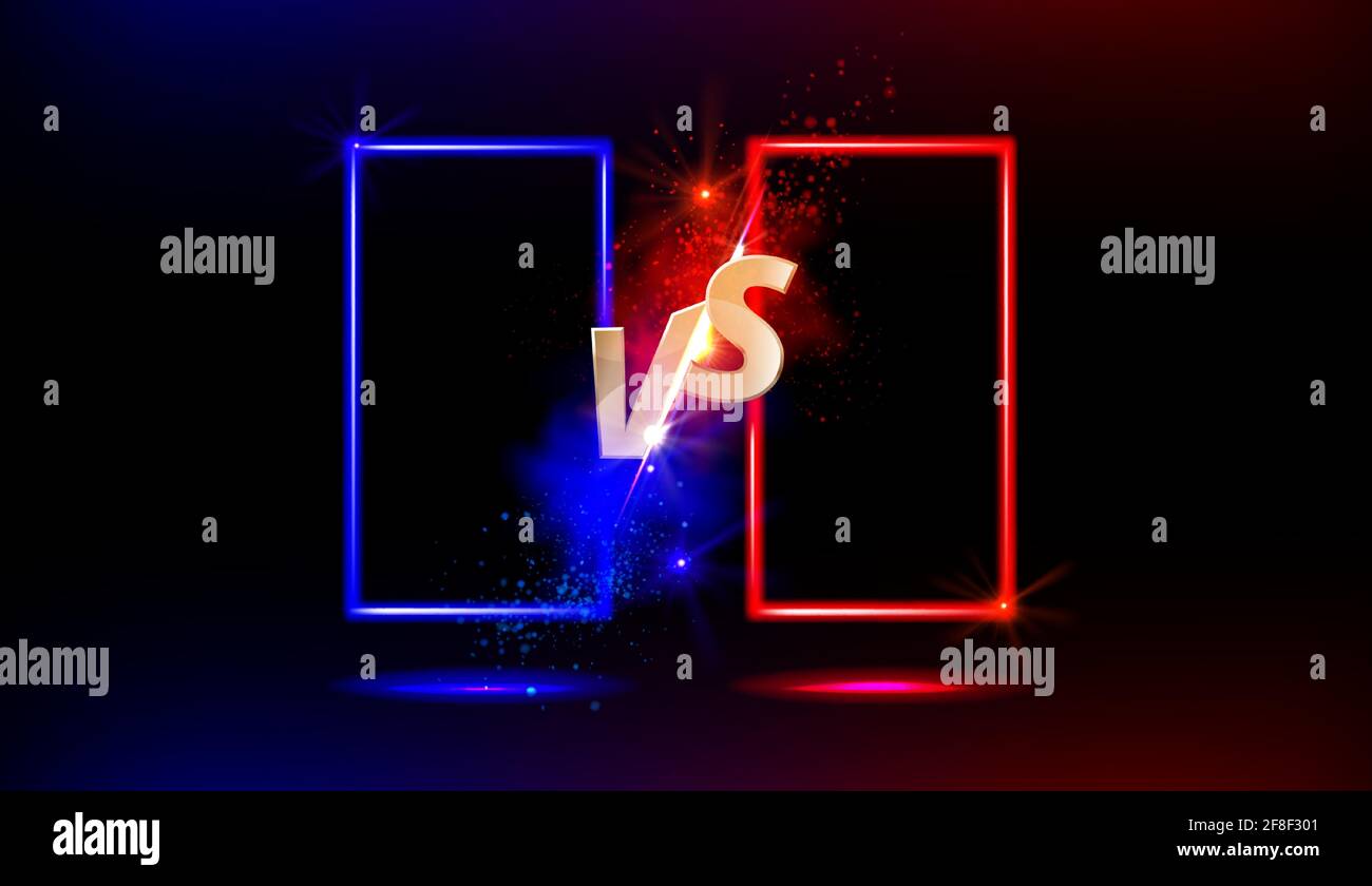 Contre le signe or VS avec cadres ou bordures vides bleus et rouges et étincelles phosphorescentes sur fond noir. Confrontation sportive, combat en arts martiaux, compétition ou défi de combat, concept vectoriel 3d réaliste Illustration de Vecteur