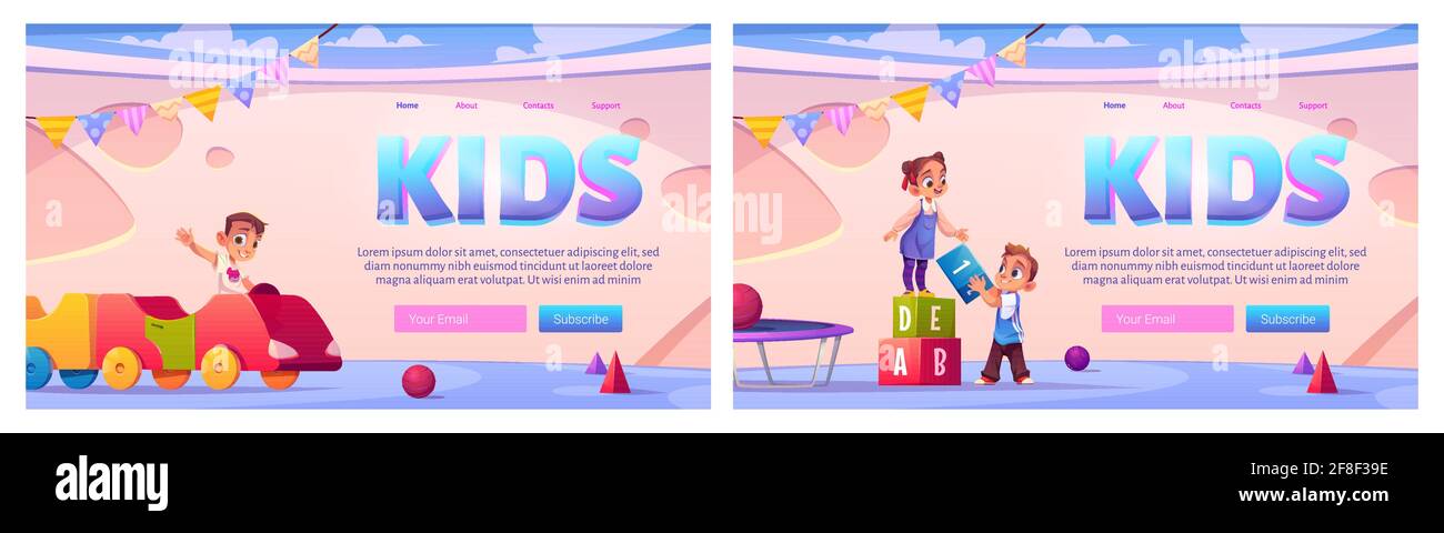 Enfants dans les pages d'atterrissage de dessin animé de salle de jeu, les enfants s'amusent dans l'aire de jeux intérieure avec des jouets, des meubles et de l'équipement pour les jeux train de bois, cubes, trampoline et balles pour bébé activité vecteur web bannière Illustration de Vecteur