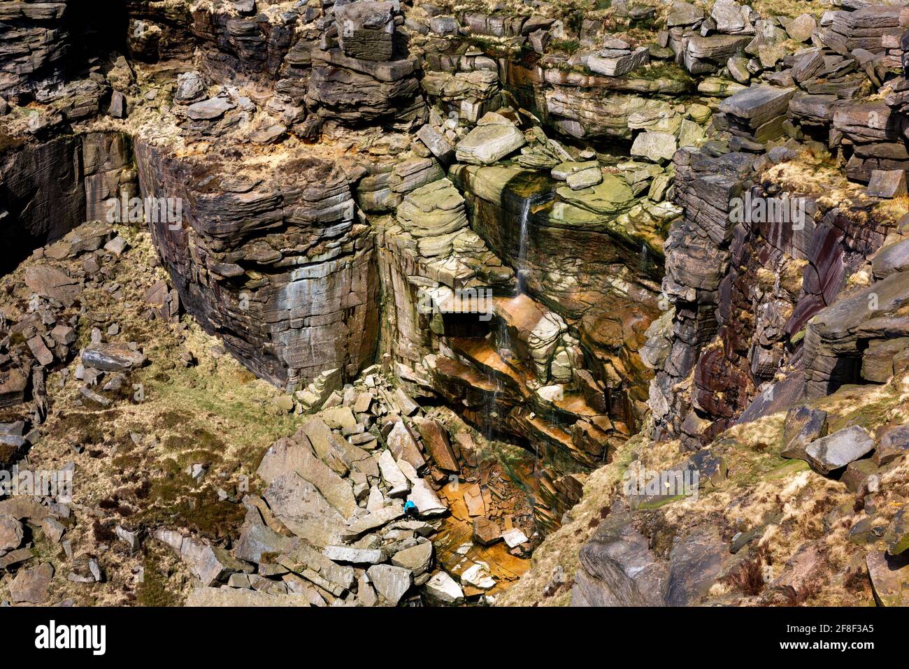 Vue sur Kinder Downfall, Kinder Scout, Peak District National Park, Derbyshire, Royaume-Uni Banque D'Images