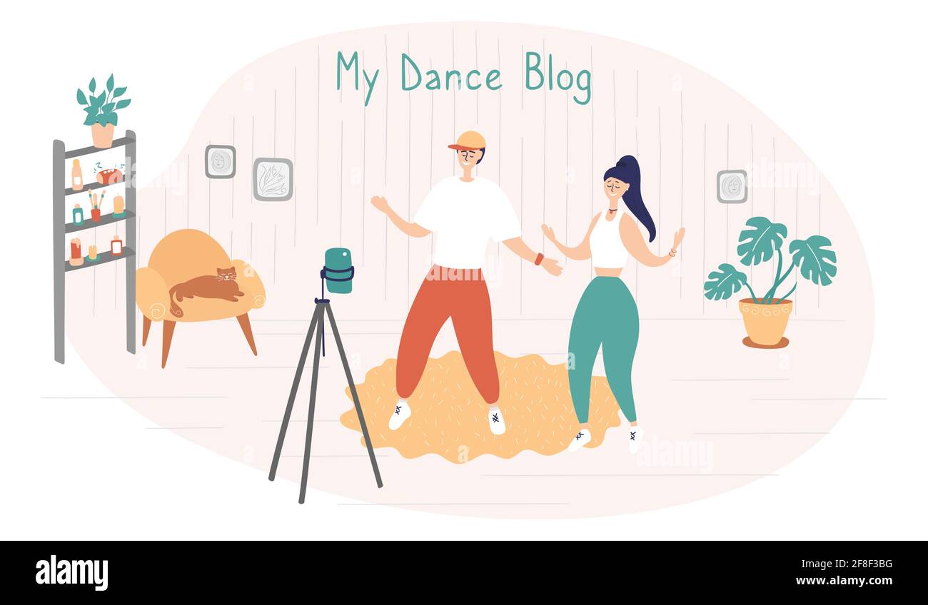 Les stars de danse enregistrent des vidéos pour leur blog. TikTok Dance Challenge concept. Les jeunes hommes et femmes apprennent des mouvements avec des cours et des tutoriels en ligne Illustration de Vecteur