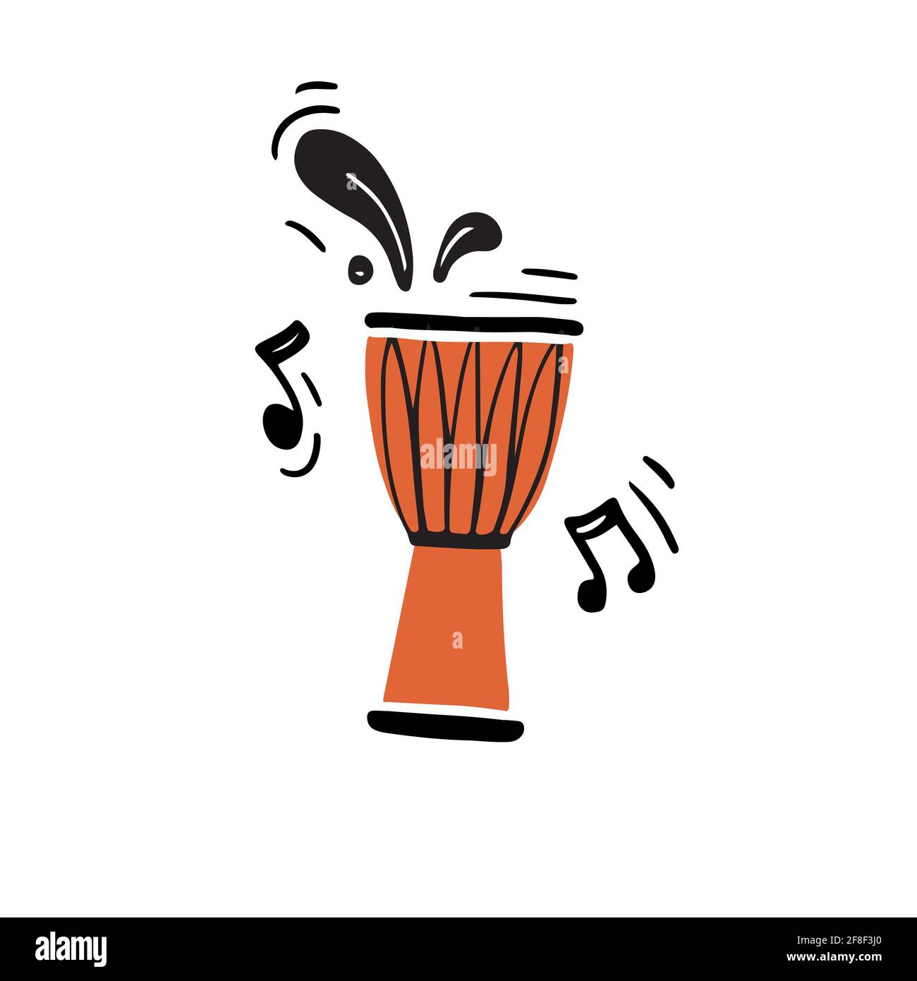 Illustration vectorielle créative d'un instrument de percussion traditionnel appelé djembe drum avec des notes abstraites noires dessinées à la main dans un style minimaliste lecture de musique authentique pendant le concert Illustration de Vecteur