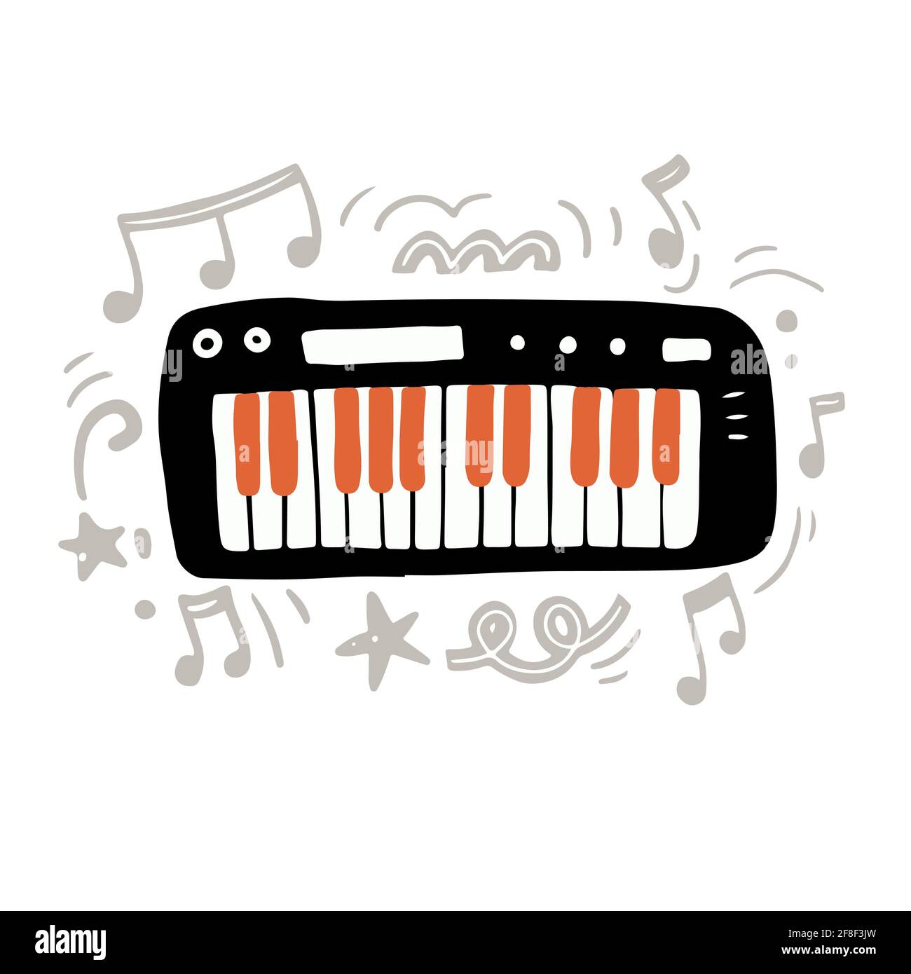 Illustration vectorielle d'un clavier numérique noir minimaliste avec orange et touches blanches dessinées à la main avec style plat au milieu du gris abstrait ornements et notes comme symbole de la création de musique moderne Illustration de Vecteur