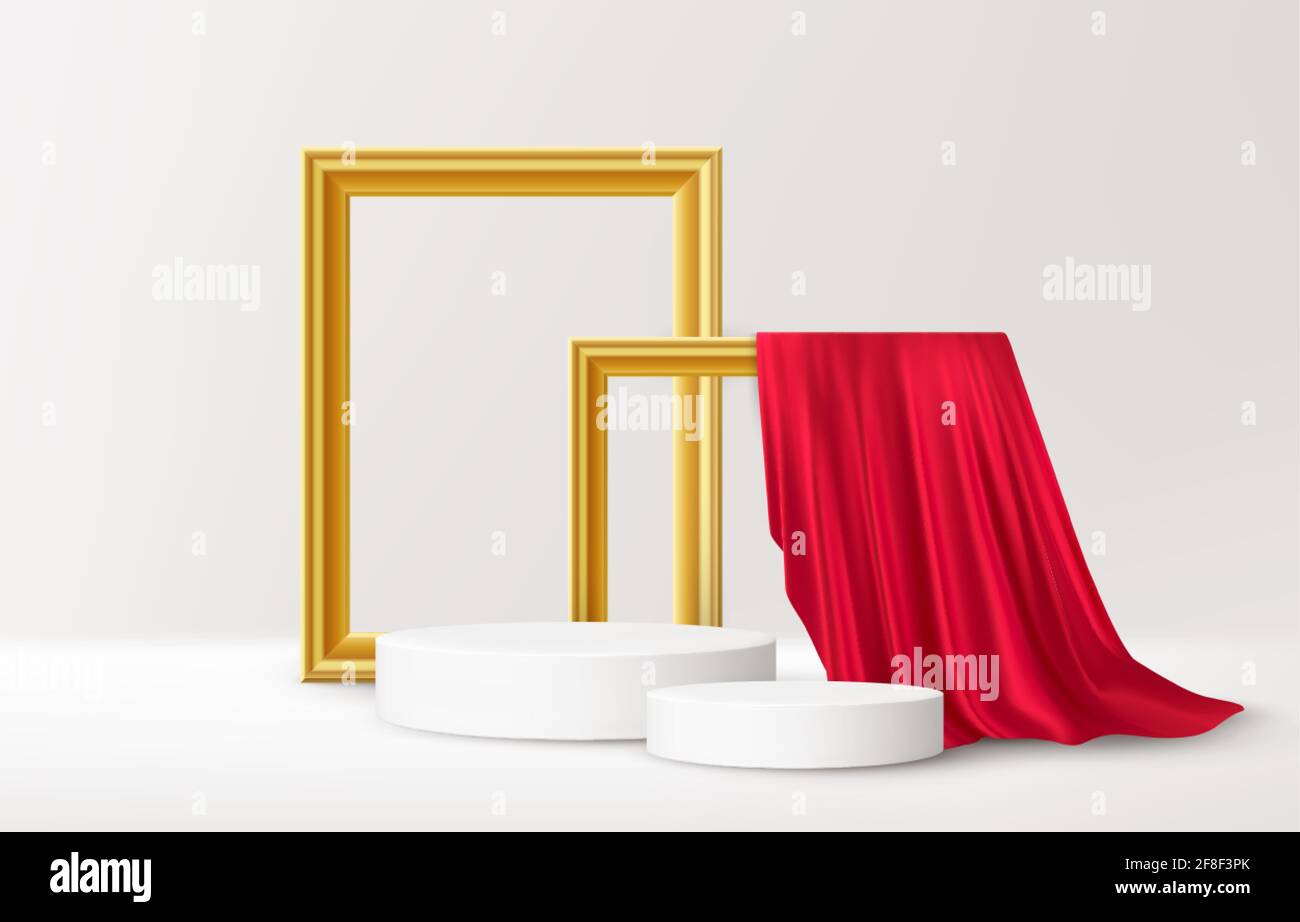 Podium de produit blanc réaliste avec cadres dorés et draperies en soie rouge sur fond blanc. Arrière-plan vide pour la publicité produit. Vecteur Illustration de Vecteur