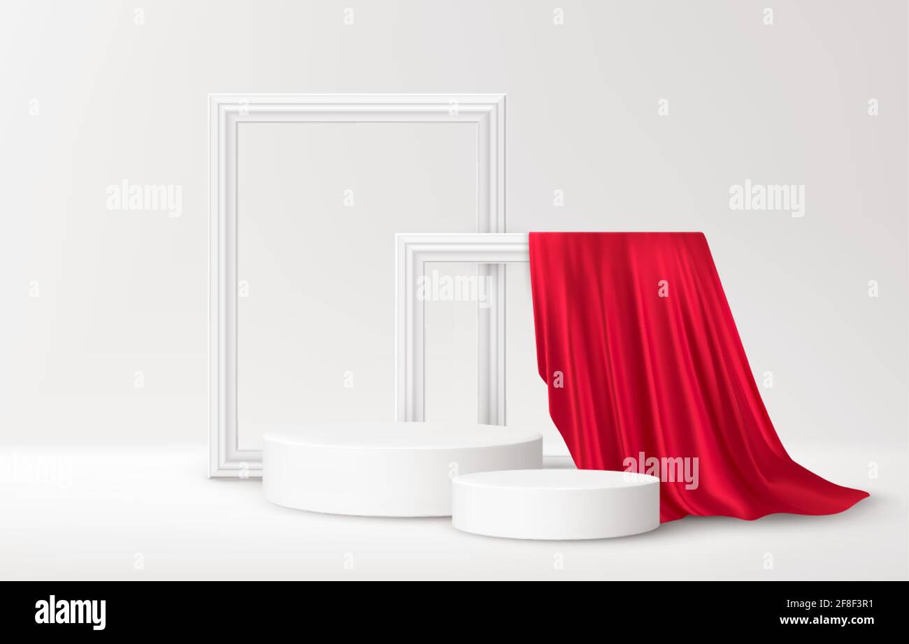 Blanc réaliste Podium de produit avec cadres blancs et draperies en soie rouge sur fond blanc. Arrière-plan vide pour la publicité produit. Vecteur Illustration de Vecteur