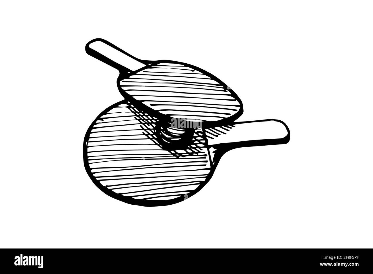 Icône représentant un contour de raquettes de ping-pong et de balle dessinées à la main.Équipement de tennis de table.Concept du logo des pagaies de jeu de ping-pong.Vector eps encre noire Doodle illustration isolée sur fond blanc Illustration de Vecteur