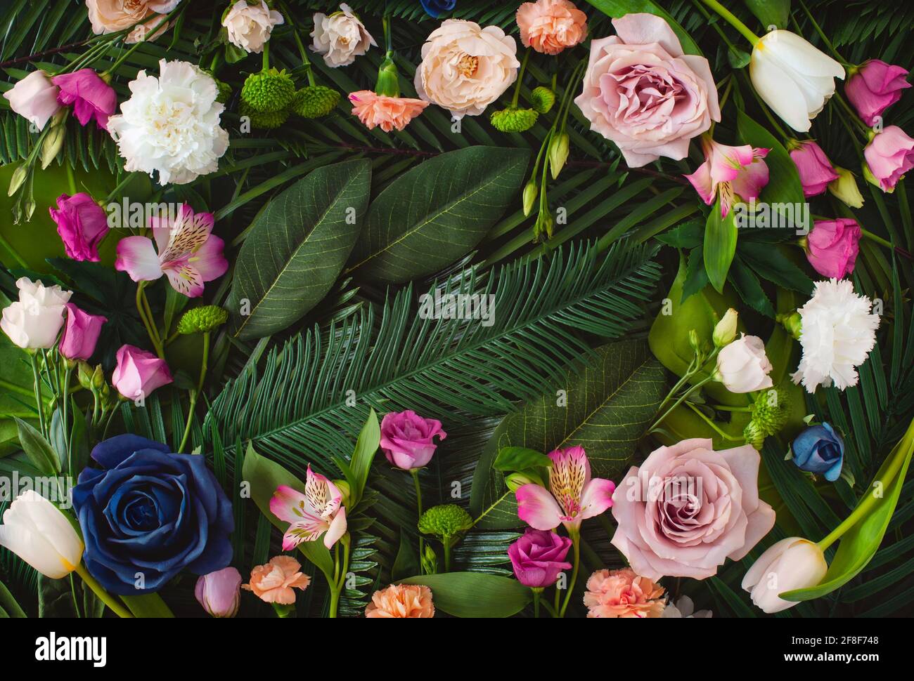 Décor créatif composé de fleurs d'été colorées et de feuilles vertes. Concept de la nature. Carte de vœux à motif fleuri. Fond de fleur de printemps vibrant. Banque D'Images