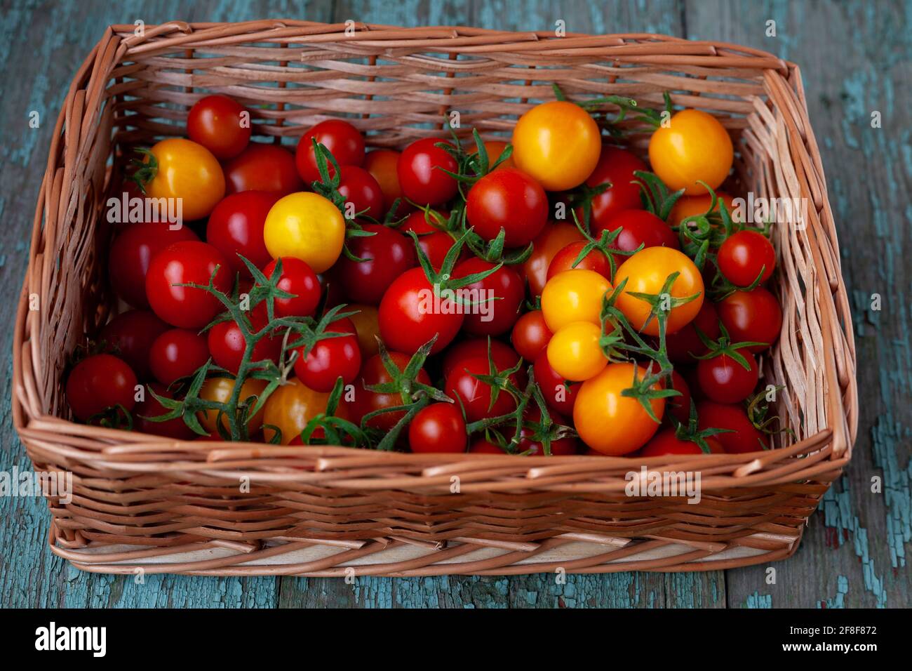 Panier de tomates cerises rouges et jaunes, vue du dessus. Légumes de  récolte. Tomate sur la table. Vitamine alimentation saine Photo Stock -  Alamy