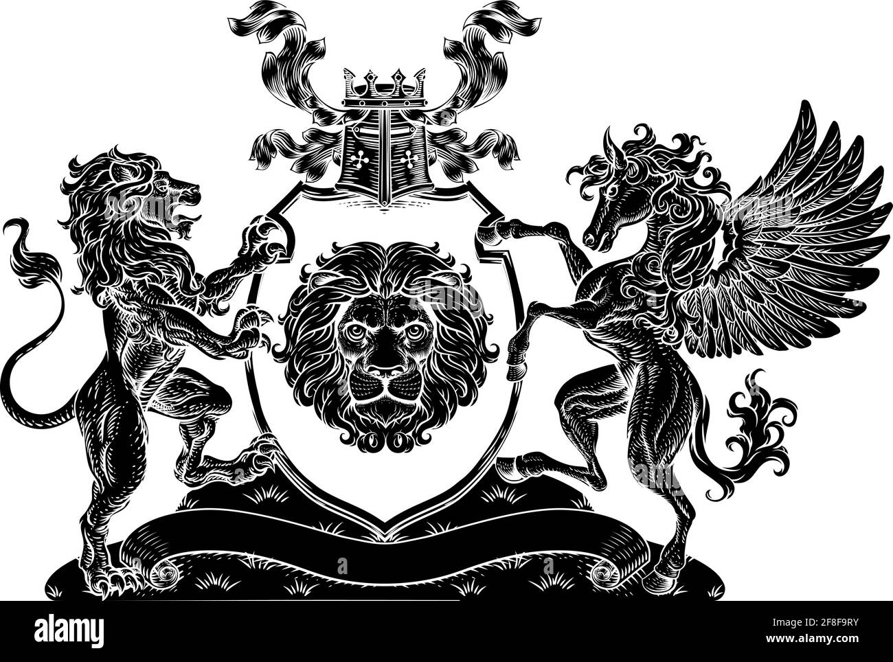 Armoiries Pegasus Lion Crest Shield Family Seal Illustration de Vecteur