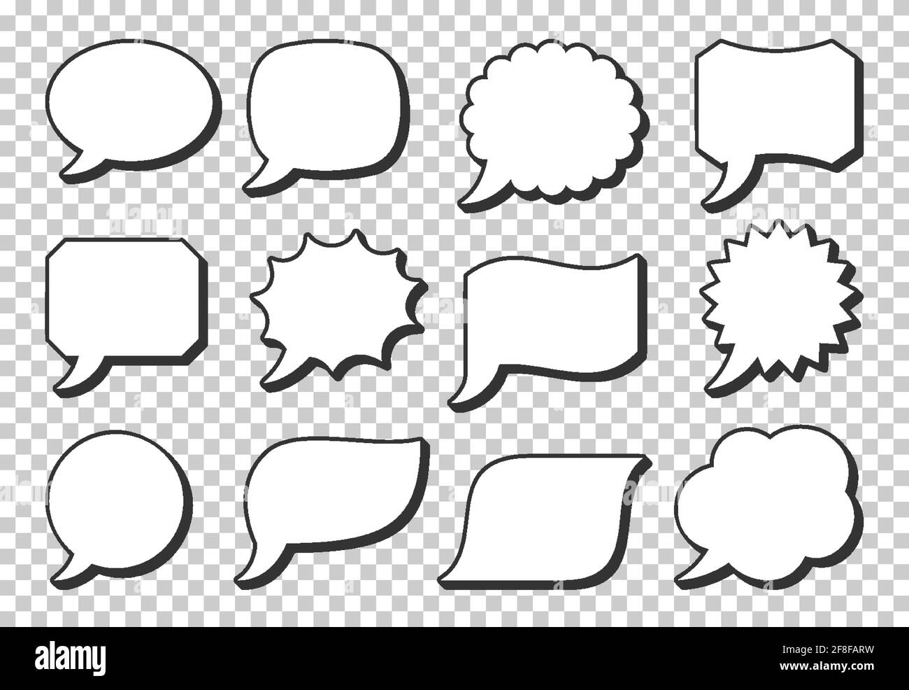 Icône de bulle vocale pop art définie sur fond transparent. Bulles rétro de dessin animé. Rampe, éclatement, effet wow, cadre vintage vide. Vector design Fun page de bande dessinée dialogue texte message ballon formes de modèle Illustration de Vecteur