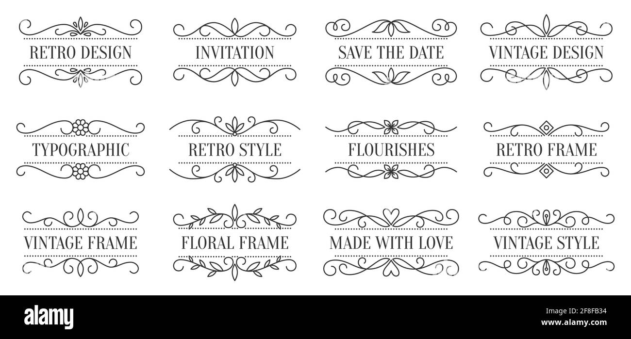 Ensemble de blocs de texte de séparateur vintage. Bordure rétro noire. Elément graphique de vignette abstrait. Modèle à motif fleuri et élégant pour invitation à un mariage, carte de vœux, étiquette et menu de restaurant Illustration de Vecteur