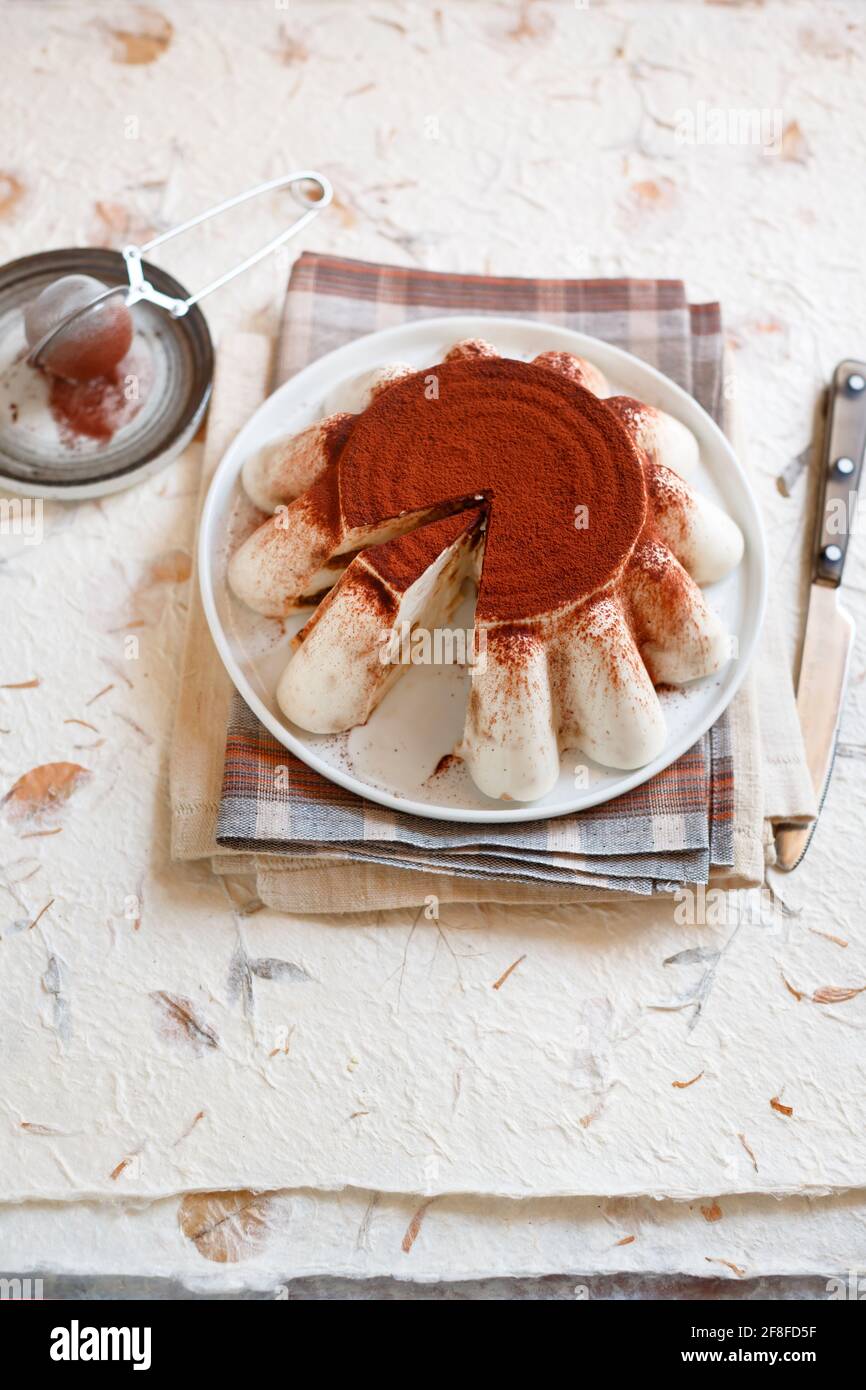 Gâteau bavarois tiramisù avec pâte à biscuits et cacao amer Banque D'Images