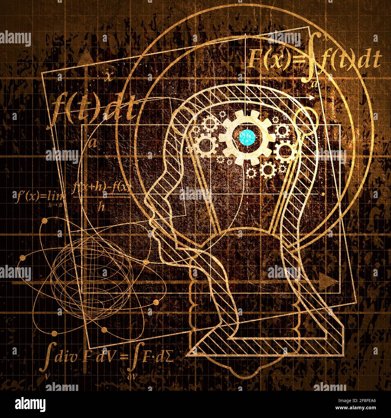 Motif abstrait futuriste à lignes fines avec formule mathématique, silhouette humaine et formes géométriques. Mathématiques concept de tracé de projet dessiné. GRU Banque D'Images