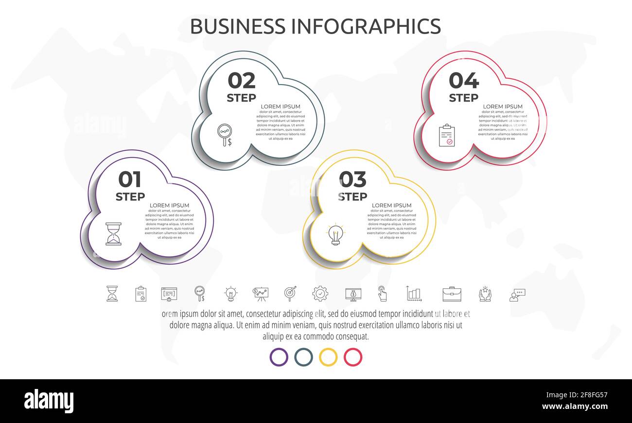 Cercles d'infographies de ligne avec quatre étapes, étiquettes. Modèle de vecteur de données de chronologie. Utilisé pour le diagramme, l'entreprise, le Web, la bannière, la mise en page du flux de travail, présentation Illustration de Vecteur