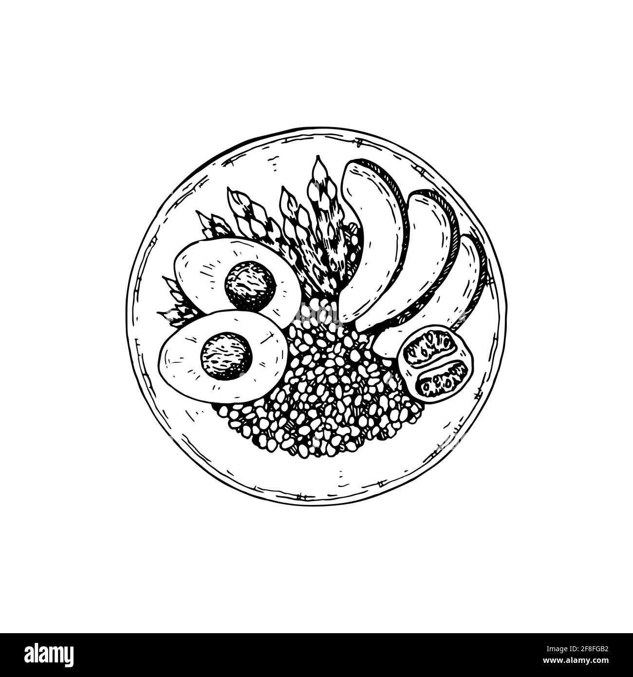 Bol de quinoa dessiné à la main, isolé sur fond blanc. Illustration vectorielle dans le style d'esquisse. Illustration de Vecteur