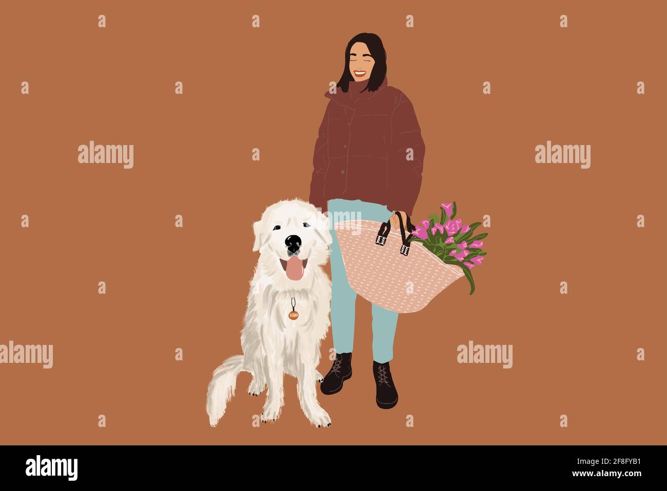 Femme marchant et jouant avec un grand chien blanc. Amoureux et propriétaire d'animaux. Activité avec animal ami. Illustration vectorielle Illustration de Vecteur