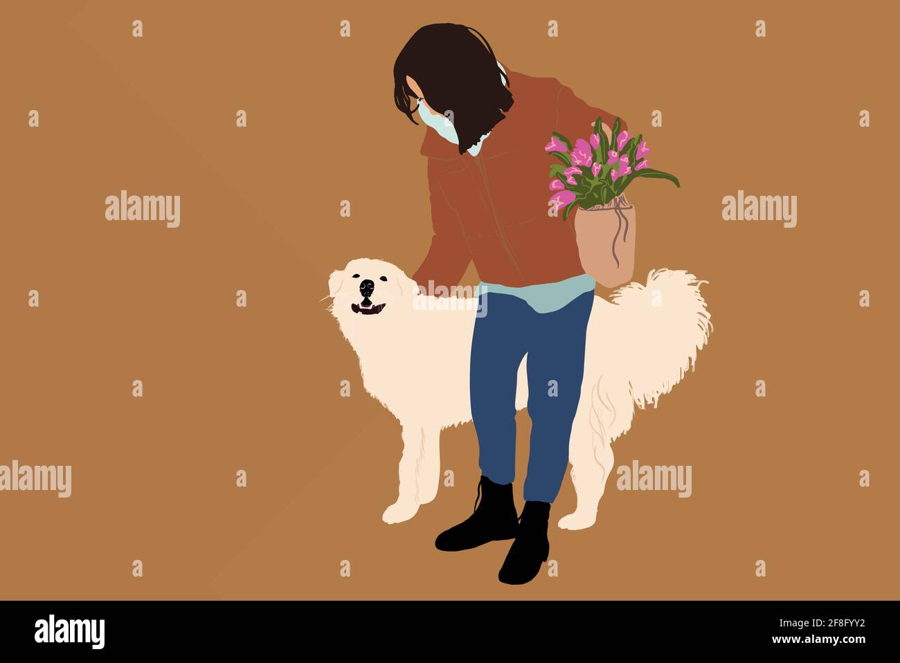 Femme marchant et jouant avec un grand chien blanc. Amoureux et propriétaire d'animaux. Activité avec animal ami. Illustration vectorielle Illustration de Vecteur