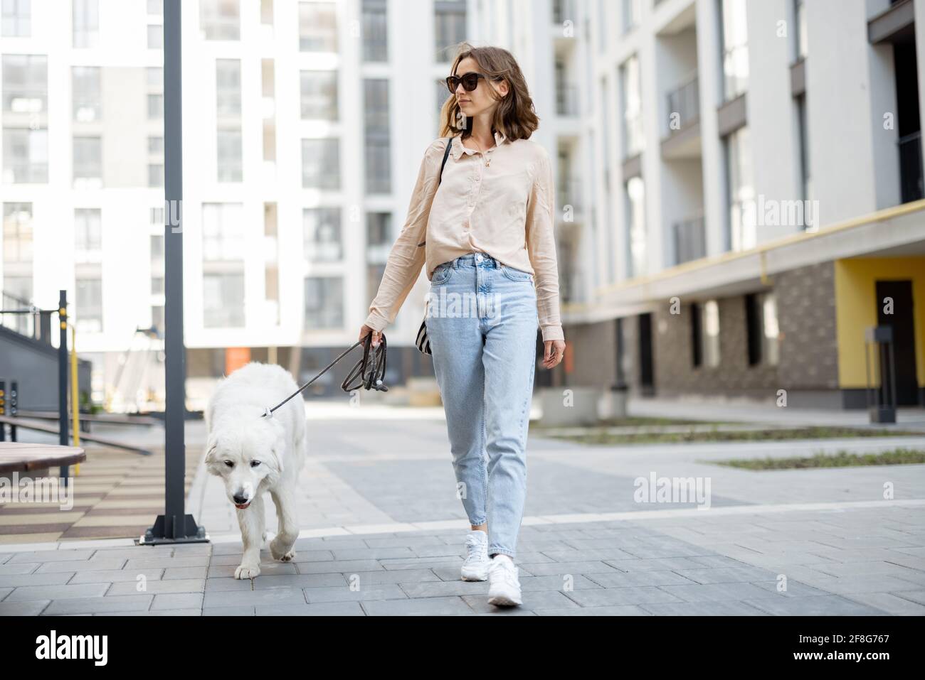 Une femme joyeuse marchant avec son grand chien blanc sur une laisse dans la rue près de la résidence. Animaux acceptés et concept de soins pour animaux. Amoureux des animaux. Banque D'Images